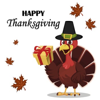 Thanksgiving greeting card with a turkey bird wearing a Pilgrim hat and holding a gift box. vector