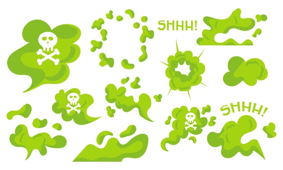 Set of green poison gas. Collection of toxic icon and polluted clouds. Dangerous dust with skull and thick radiation fog. Death vapor and death smoke vector illustration concept. Mist dust industrial