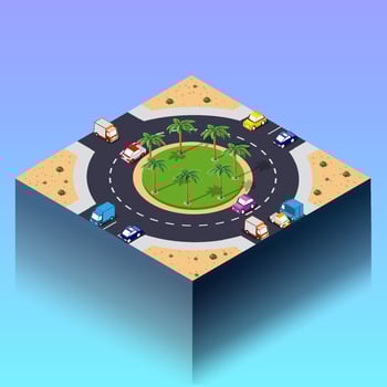 Transportation city streets intersection with houses and trees. Isometric view from above on a urban transport 3d illustration vector