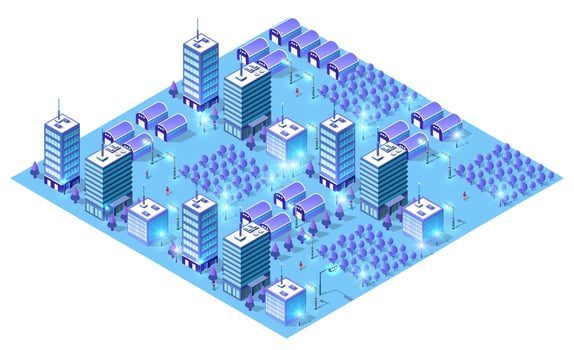 Night buildings futuristic isometric smart blue ultraviolet city at night with lights. 3D illustration. vector