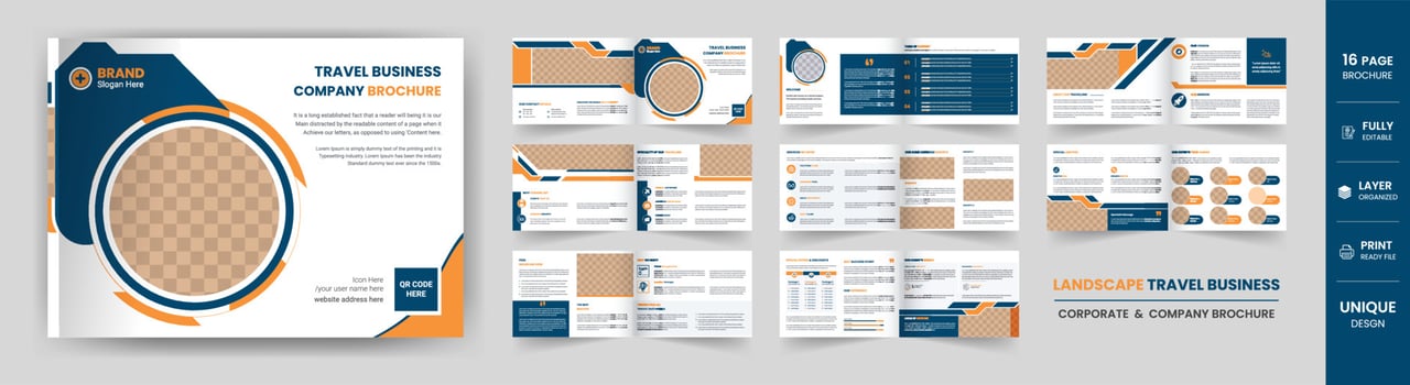 Landscape 16 Page vacation tour and travel adventure business company brochure vector