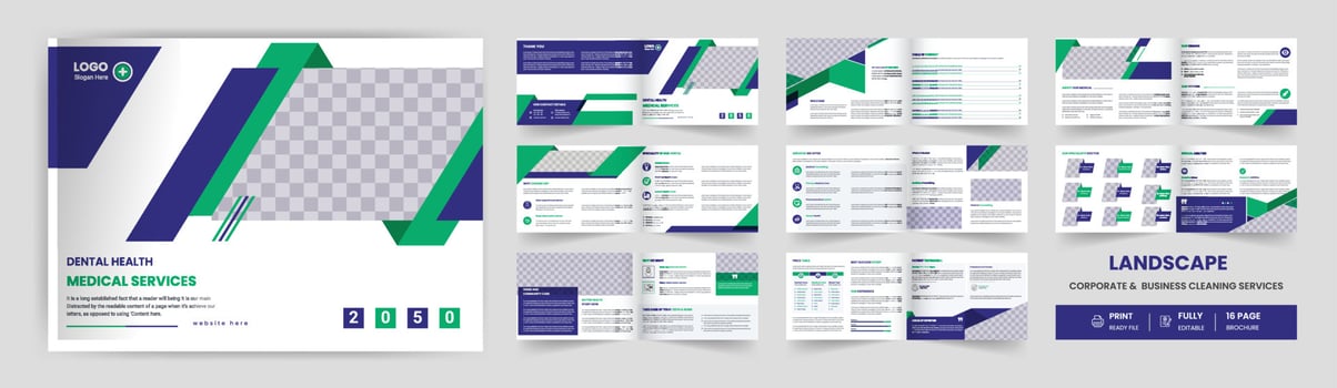 16 Page landscape medical health care dental business brochure design. vector