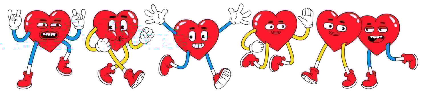 Hearts funny characters. Valentines day illustrations in trendy retro cartoon style. Love concept. vector