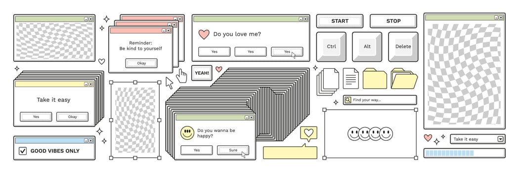 Old computer aestethic. Retro pc elements, user interface, windows, icons in trendy y2k retro style. vector