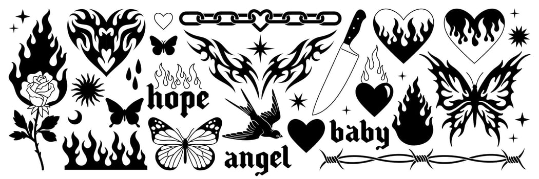 Tattoo art 1990s, 2000s. Y2k stickers. Butterfly, barbed wire, fire, flame, chain, heart. vector