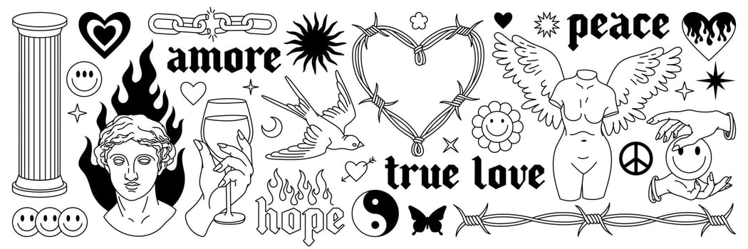 Tattoo art 1990s, 2000s. Y2k stickers. Butterfly, barbed wire, fire, flame, chain, heart. vector