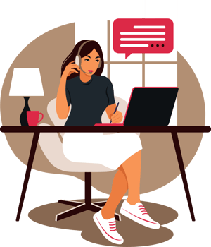 Woman sitting table with laptop and phone. Working on a computer. Freelance, online education or social media concept. Studying concept. png