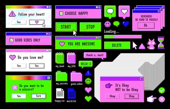 Old computer aestethic 1980s -1990s. Set with retro pc elements, user interface, icons. Pixel art. vector