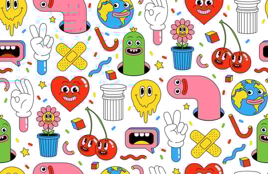 Cartoon characters background. Seamless pattern with funny stickers and patches in trendy retro cartoon style. vector