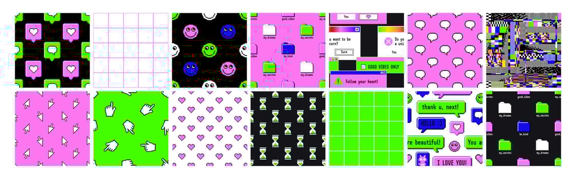 Old computer aestethic 1990s. Seamless patterns with retro pc element and user interface. Pixel art. vector