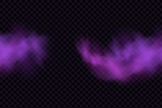 Realistic scary mystical fog in night Halloween. Purple poisonous gas, dust and smoke effect. vector