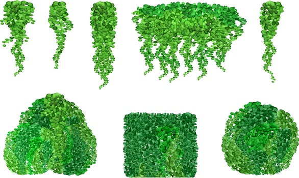 Set of ornamental green plant in the form of a hedge.Realistic garden shrub, seasonal bush, boxwood, tree crown bush foliage.For decorate of a park, a garden or a green fence. vector
