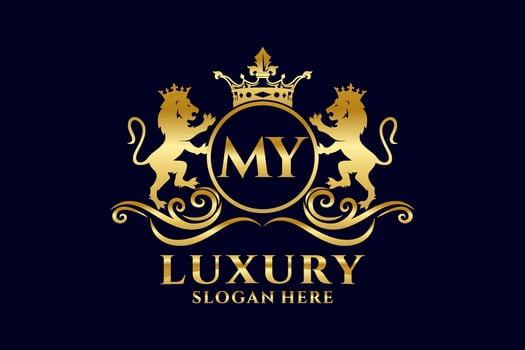 Initial MY Letter Lion Royal Luxury Logo template in vector art for luxurious branding projects and other vector illustration.