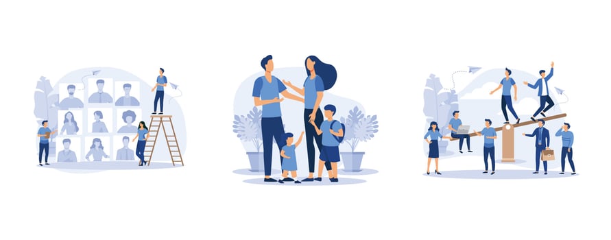 business company is looking for an employee for a job,  mother father daughter son holding hands and hugging, groups of people on a swing and outweighs them, set flat vector modern illustration