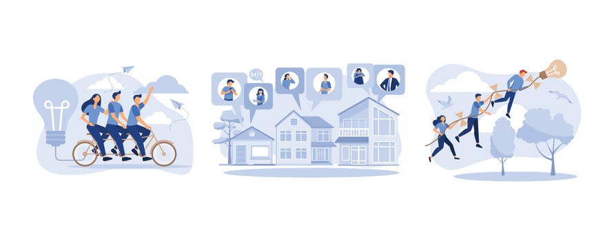 company of people holding a thread from a paper airplane light bulb,  people go team N bike to their goal, emergency call, set flat vector modern illustration