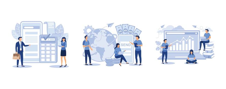 people pay bills via terminal,  online money transfer,  employees study infographics, set flat vector modern illustration