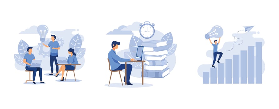 online assistant at work,  home schooling,  man goes the path to success with idea and concept, set flat vector modern illustration