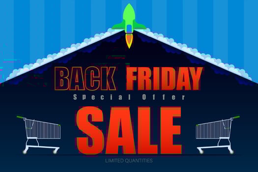 rocket launch back friday up to 80 percent end of season special offer dark blue tone vector illustration eps10
