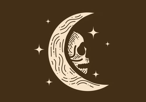 Line art drawing of a moon and skull vector