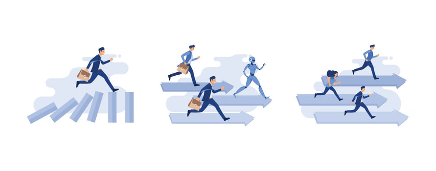 businessman running on top of domino effect, robot competition human worker and win,  people run to their goal along the arrow to the cutter, set flat vector modern illustration