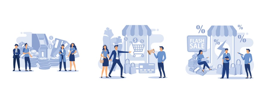 Customers with credit card withdrawal money standing in line at bank atm landing vector page, online shopping, e-commerce promotion flash sale concept, set flat vector modern illustration
