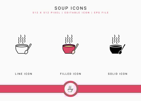 Soup icons set vector illustration with solid icon line style. Hot bowl concept. Editable stroke icon on isolated background for web design, user interface, and mobile application