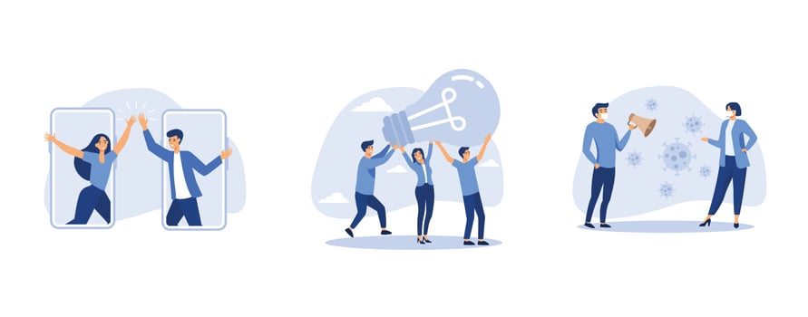 happy businessman and businesswoman hi five from mobile phone, business people teamwork help carry big smart lightbulb innovation idea, social distancing vector