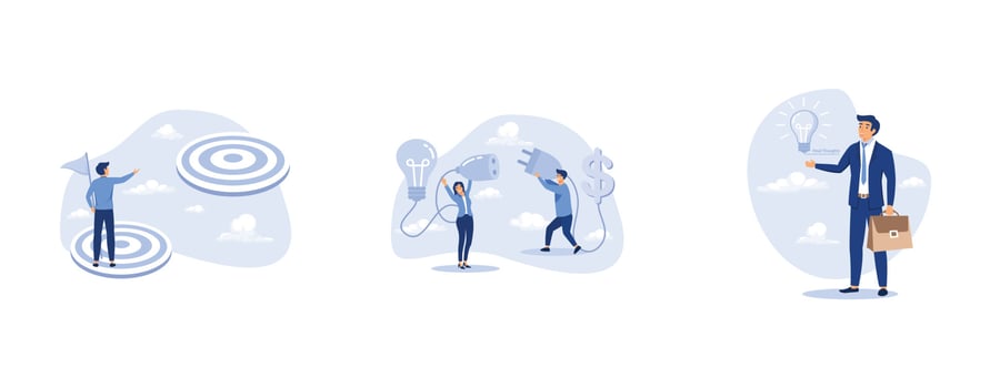 Challenge achievement or higher target,  businessman and woman connect lightbulb with money dollar sign, thinking about solutions, set flat vector modern illustration