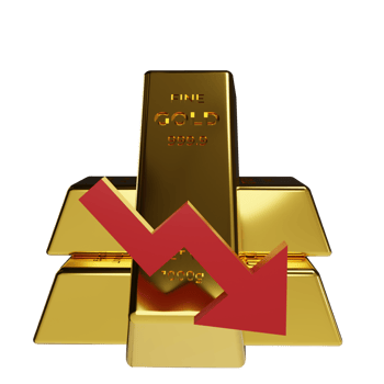 3d gold bullion and red arrow down, gold market price concept is going down or falling png