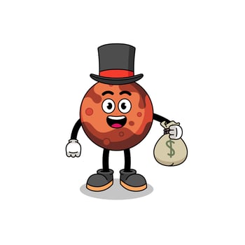mars planet mascot illustration rich man holding a money sack vector