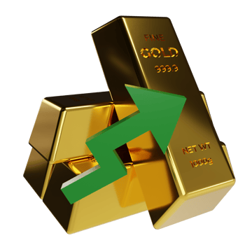 3d gold bullion and green arrow up, gold market price concept is up or expensive png