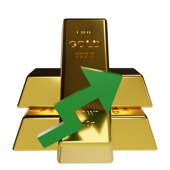 3d gold bullion and green arrow up, gold market price concept is up or expensive png