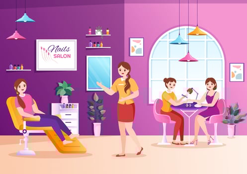 Nail Polish Salon Template Hand Drawn Cartoon Flat Illustration Receiving of Manicure or Pedicure with Tools and Accessories to a Young Girl Concept vector