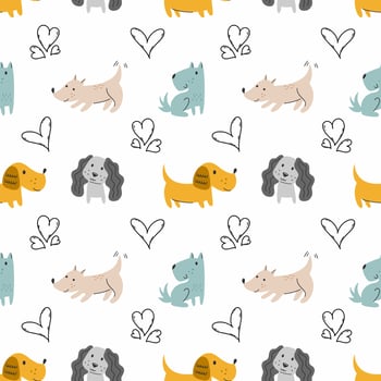 Cute puppy and heart. Seamless pattern. Tailoring and printing on fabric. Wrapping paper with dogs. vector