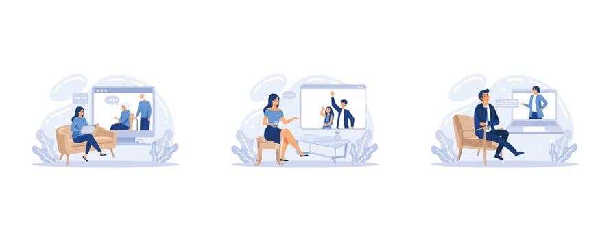 Online psychologist therapy set of people getting distance psychological consultation, Professional psychiatrist, set flat vector modern illustration