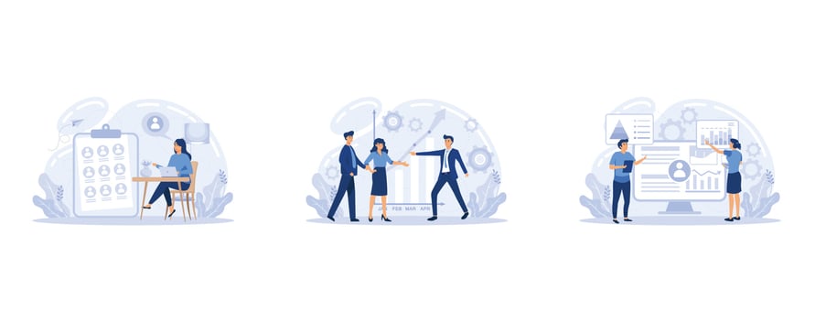 Employee performance evaluation, HR department, increasing employee engagement banners set. Fellow workers assessment concept. Staff management, empolyee development, vector