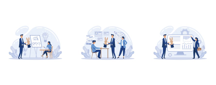 Marketing Trick and Business Magic Landing Page Template Set. Businessman and Businesswoman Characters Perform Stunt with Rabbit and Top Hat to Potential Investor, set flat vector modern illustration