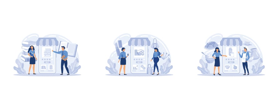 E-commerce, customer on the sale. App on mobile phone. Book, beauty and food store, set flat vector modern illustration