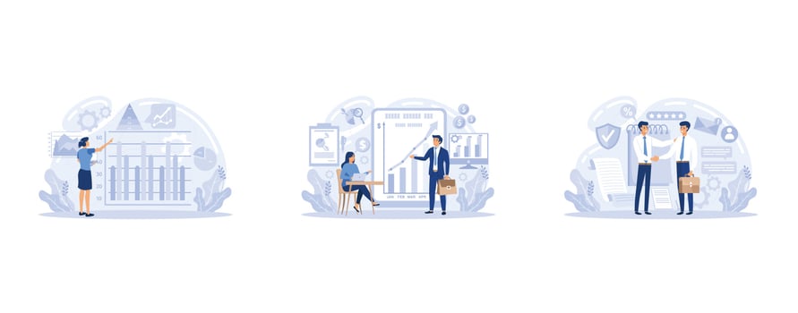 Market analysis, financial advizor, customer relationship manager business profession set. Man analyzes documents, set flat vector modern illustration