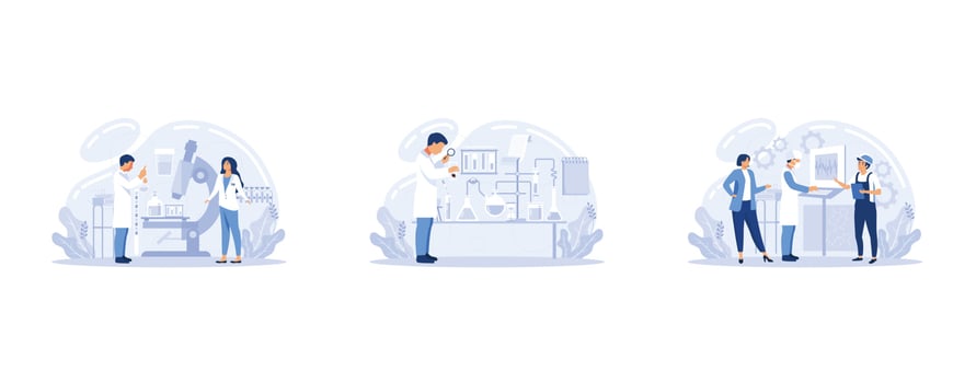Medical research, laboratory diagnostic services, medical device design and development vector set. Bio technology and science, chemical engineering, laboratory equipment,