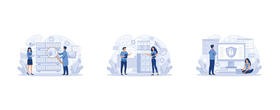 Big data analytics platform, data management and protection creative metaphor set abstract concept. Data center room disk infrastructure business information safety, vector