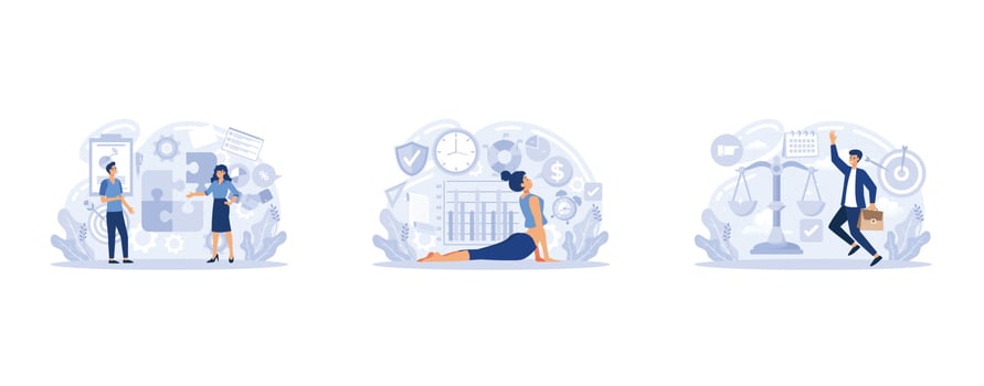 Adaptability, flexibility and resilience, mental strength, psychological suppleness, decision making, leadership role, set flat vector modern illustration