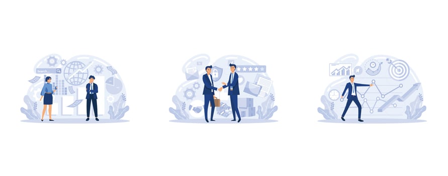 Business services metaphor, strategic planning, market research, project management, Teamwork to achieve goal and increase results and profits, accounting business audit, vector