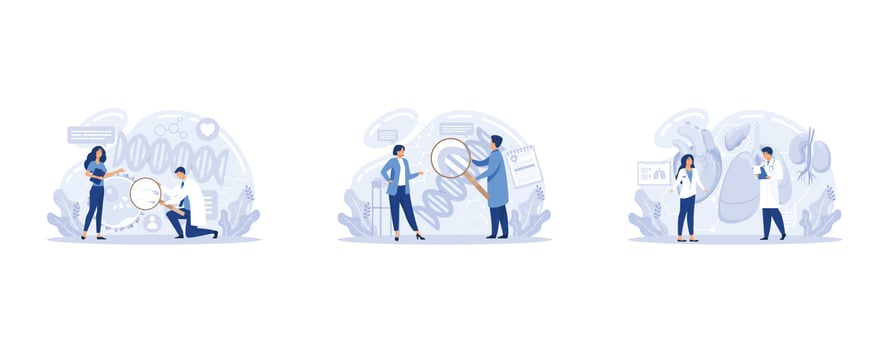 Bioengineering, Genetic engineering, genetically modified organism, lab-grown organs, dna manipulation, stem cells, set flat vector modern illustration