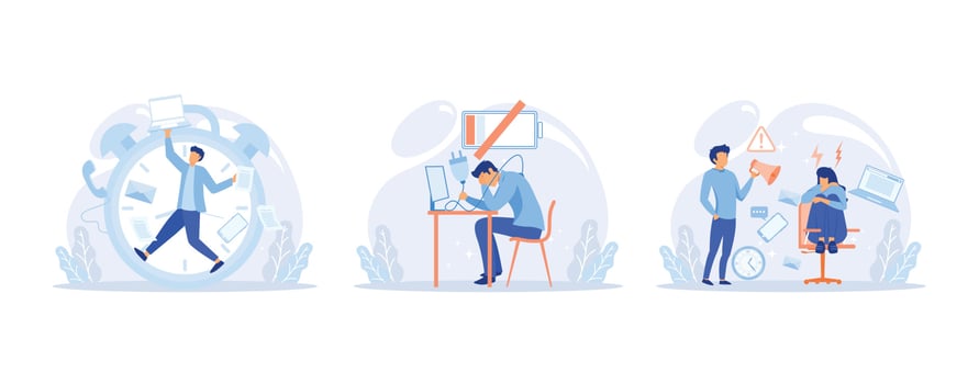 Stressed characters workload, deadline. Exhausted employees distressed with job. Work fatigue and stress concept, Stress at work, set flat vector modern illustration