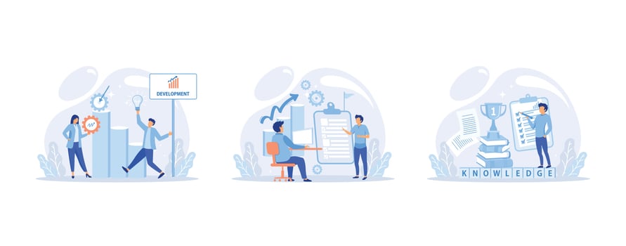 Help in professional development. Qualified employee training program. Learning for software development and growth. Agile project management devOps team, project life scrum meeting, vector