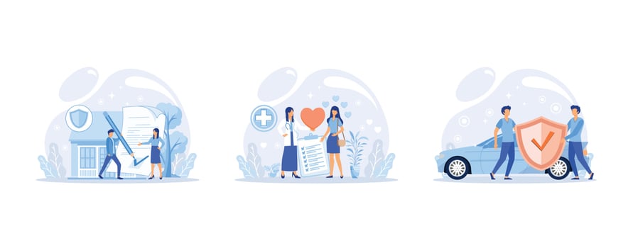 Protection of property interests metaphor, financial guarantee concept. Applying for home, car and health insurance. Safety for accidents and risks, set flat vector modern illustration