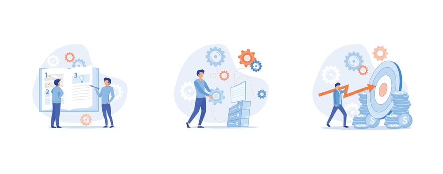 Strategic business planning, automation process. Business mission, rules, vision statement, competitive intelligence, goals action startup plan, brand success, set flat vector modern illustration