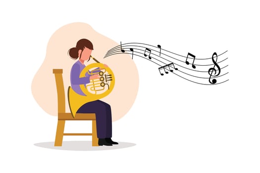 Business flat cartoon style drawing female musician performing classic melody on French horn. Instrumentalist playing music on brass instrument. Woman with trumpet. Graphic design vector illustration