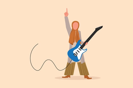 Business design drawing Arabian female musician playing electric guitar. Woman practicing in playing guitar. Guitarist perform playing music instrument on stage. Flat cartoon style vector illustration